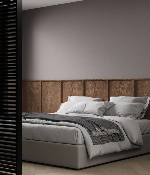 Stylish Bedroom Mockup Wooden Panel Beige Wall Rendering — Stock Photo, Image