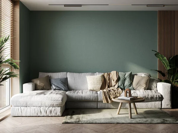 家庭造型 绿色暖色调客厅 白色沙发和装饰 3D渲染 — 图库照片