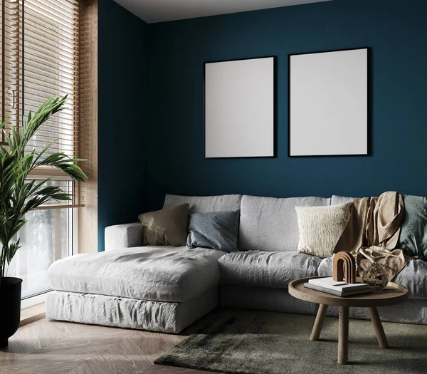 Mockup Plakat Wnętrze Niebieski Ramka Przytulny Stylowy Drewniany Sofa Pokój — Zdjęcie stockowe