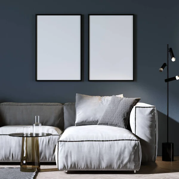 Ev içinde çerçeve modeli, modern mavi oturma odası, 3D tasarım.