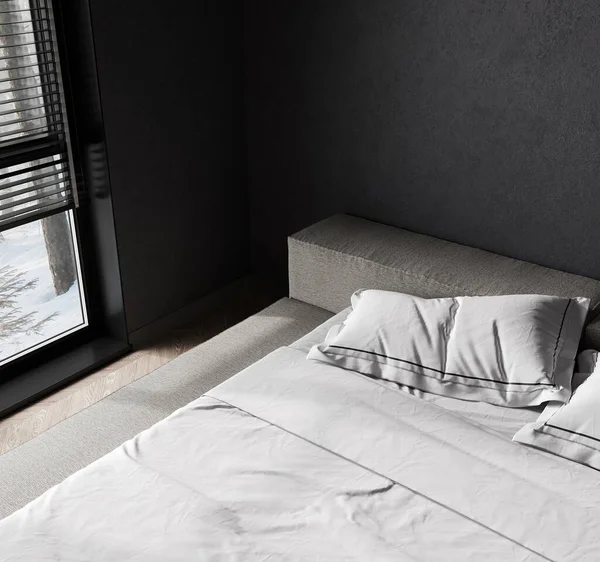 ベッド およびスタッコ暗い壁の背景とホームベッドルームのインテリアモックアップ 3Dレンダリング — ストック写真
