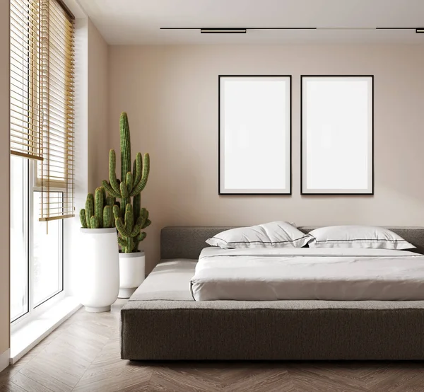 スタイリッシュなインテリアの背景にポスターフレームモックアップ ベッドルーム 3Dレンダリング — ストック写真
