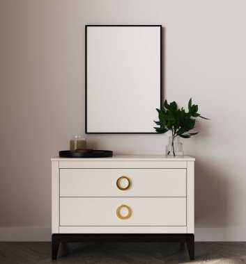 İç arkaplanda model çerçeve, açık renkli oda, Scandi-Boho biçimi, 3d canlandırma