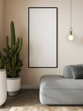 Modern oturma odasındaki çerçeve modeli arka planda gri kanepe, 3D görüntüleme