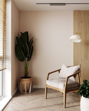  Ev maketi, açık renkli oda boş duvar ve koltuk, Scandi-Boho tarzı, 3D görüntüleme