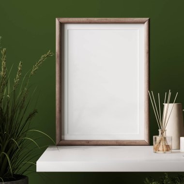 Yeşil duvarlı ve bitkili poster çerçevesi, 3D görüntüleme