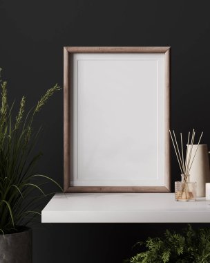 Boş ahşap poster ve resim çerçevesi. Lüks, modern, siyah duvarlı, minimalist, 3 boyutlu.