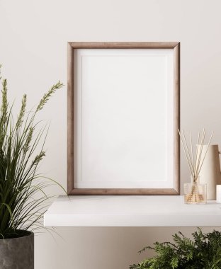 İç arkaplanda model çerçeve, açık renkli oda, Scandi-Boho biçimi, 3d canlandırma