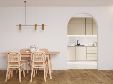 Üç boyutlu, ahşap mobilyalar, ahşap bir masa ve İskandinav sandalyeli bir köy mutfağı.