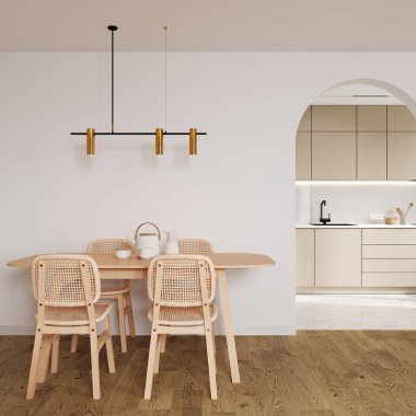 Yemek odası arka plan, duvar modeli, İskandinav tarzı, 3D görüntü.