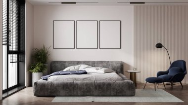 Mavi taburesi, modern halısı ve bitkisi olan çağdaş aydınlık modern yatak odası. 