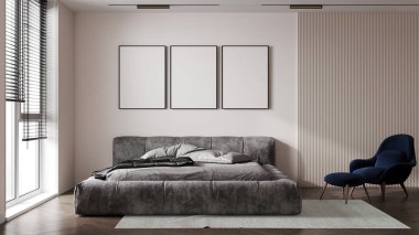 Konforlu bir yatağı, mavi koltuğu ve zemin lambası, beyaz arka planı, 3D çizimi olan ışık duvarlı maket posterler.
