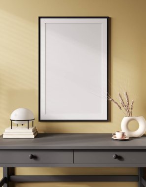 Masasında ev dekorasyonu olan bir poster çerçevesi, sarı duvar. 3d oluşturma