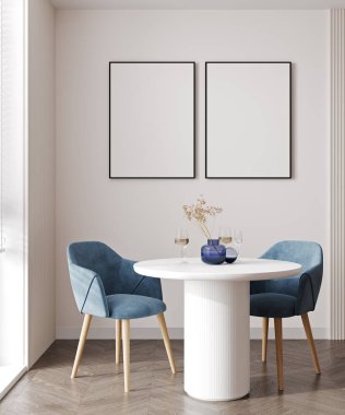 poster çerçeveleri modern oda minimalist iç modelleri ile beyaz masa ve mavi sandalye, yemek odası, 3D görüntüleme