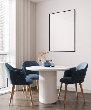 Ev modeli, rahat modern mutfak arka planı mavi sandalyeli, 3 boyutlu.