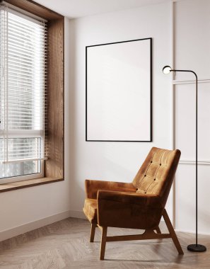 Modern oturma odasının iç planındaki resim çerçevesini, ahşap pencereli deri koltuğu, bej duvarı, 3D görüntüleme.