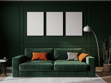 Evin içinde yeşil kanepe, masa ve dekor ile 3 boyutlu bir poster modeli.