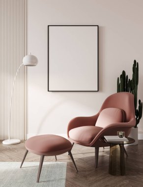 Açık bej iç döşeme, somon kırmızısı şezlong, kahve masası ve bir bitki. 3d oluşturma