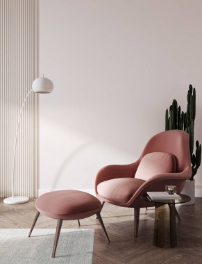 Modern lüks oturma odası, ahşap zemininde kahve masası olan pembe koltuk, boş bej duvar, çağdaş oturma odası iç dekorasyon, 3D