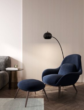 Oturma odasının iç duvarı sıcak tonlarda, bej duvarda mavi koltuklu arka plan 33D görüntülü.