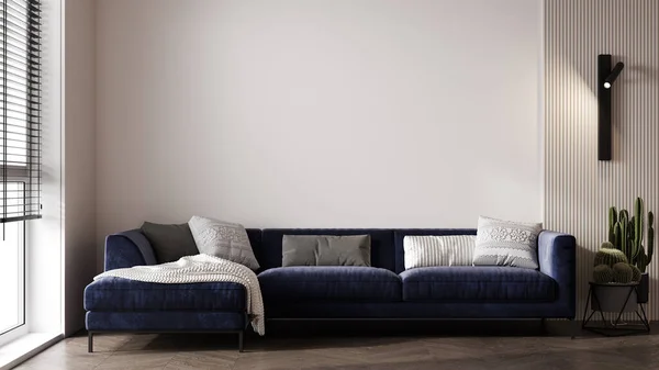 室内模拟与蓝色沙发 植物和装饰客厅 3D渲染 — 图库照片