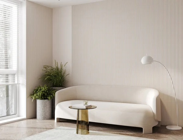 Interior Wall Mockup Warm Neutrals Low Sofa Plant Boho Style — Stock Photo, Image
