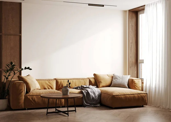 斯堪的纳维亚风格客厅室内模拟 现代客厅室内背景 褐色沙发和植物 3D渲染 — 图库照片