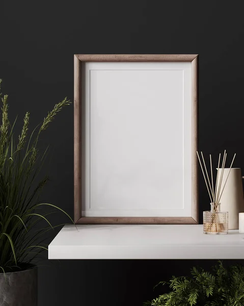 Boş ahşap poster ve resim çerçevesi. Lüks, modern, siyah duvarlı, minimalist, 3 boyutlu.
