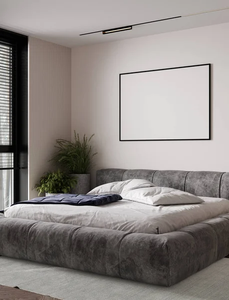 在现代风格的卧房内饰有灰色的床 植物和空白的米黄色墙背景的横向海报与黑色框架模型 3D渲染 — 图库照片