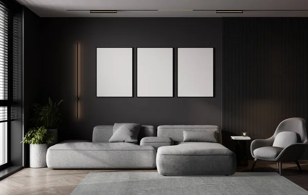Mockup poster frames in stylish dark living room interior, modern living room, 3d rendering