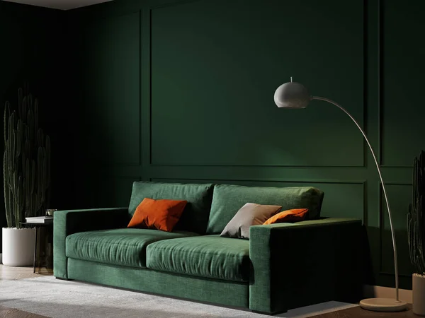家庭室内模拟与绿色沙发 桌子和装饰在客厅 — 图库照片