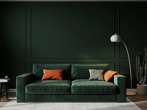 家庭室内模拟与绿色沙发 桌子和装饰在客厅 — 图库照片