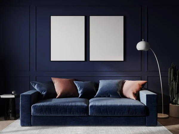 客厅里有蓝色沙发 桌子和装饰的家庭室内装饰 3D渲染 — 图库照片