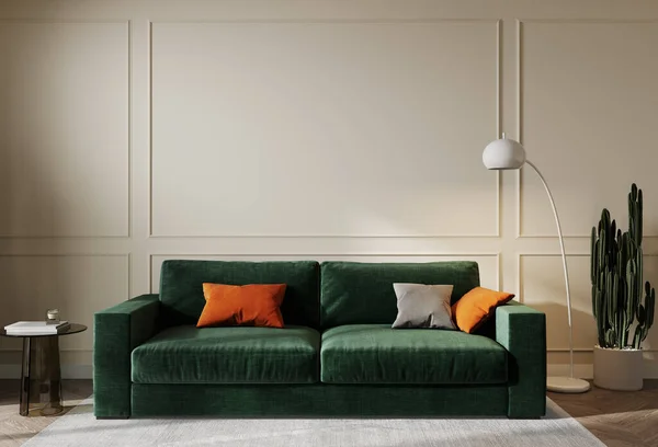 家居装饰 有绿色沙发和装饰的暖色调客厅 3D渲染 — 图库照片