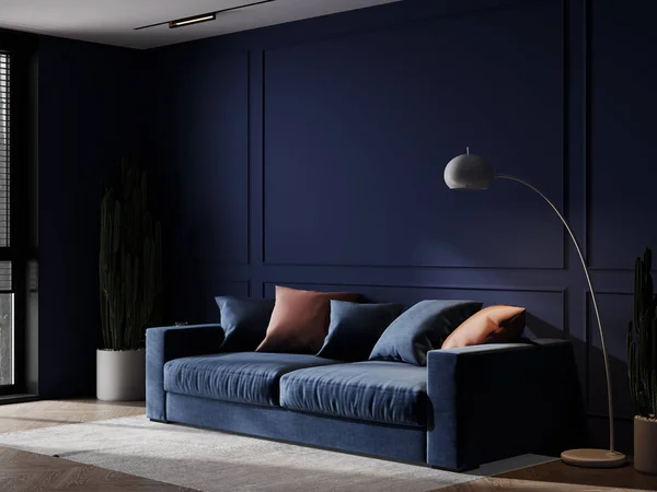 Dark blue living room interior with blue sofa, luxury style, 3d render