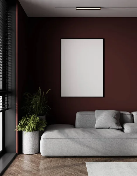 グレーのソファ グレーの枕や植物とリビングルームのインテリアの空の暗い赤い壁に黒いフレームとポスターのモックアップ 3Dレンダリング — ストック写真