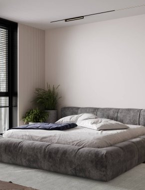 Ev içi model arka plan, bitkili açık bej yatak odası, 3D görüntüleme.