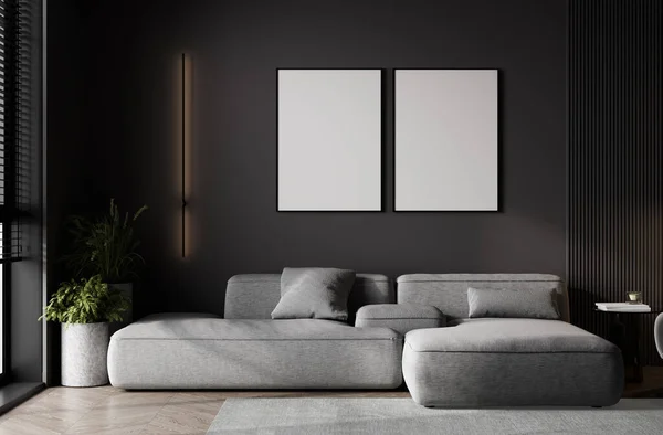 Mock Two Poster Frame Dark Modern Living Room Gray Sofa — Stock Photo, Image