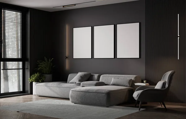 Rámeček Maketa Luxusním Moderním Tmavém Obývacím Pokoji Interiér Prázdná Stěna — Stock fotografie