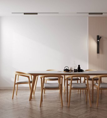 Modern oda içi beyaz panelli, boş duvar modeli, ahşap mobilya, 3D döşeme