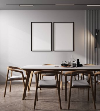 Modern iç plan, oturma odası, İskandinav tarzı, 3D çizim, 3D resim