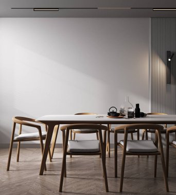 Tarafsız beyaz duvar arka planında ahşap mobilyalar olan İskandinav tarzı oturma odası. 3B görüntüleme.