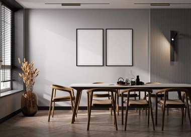 Modern iç plan, oturma odası, İskandinav tarzı, 3D çizim, 3D resim