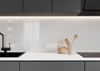 Mutfağın içi lavabo, mobilya ve dekorla dolu. 3d canlandırma çizimi maketi