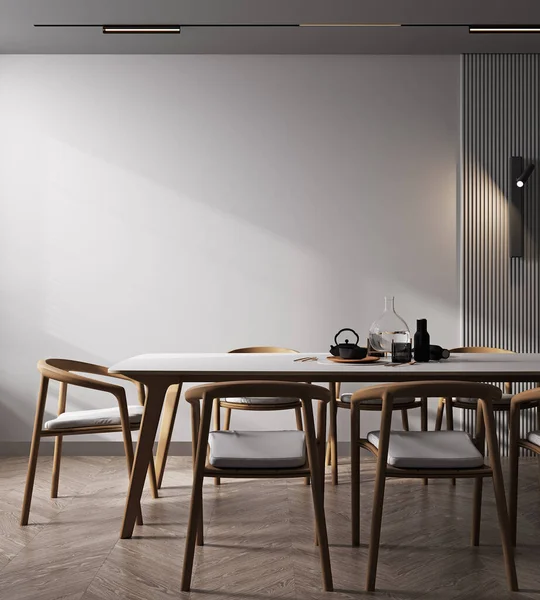 Tarafsız beyaz duvar arka planında ahşap mobilyalar olan İskandinav tarzı oturma odası. 3B görüntüleme.