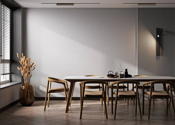 Home interior, modern dark dining room interior, gray empty wall mock up, 3d render