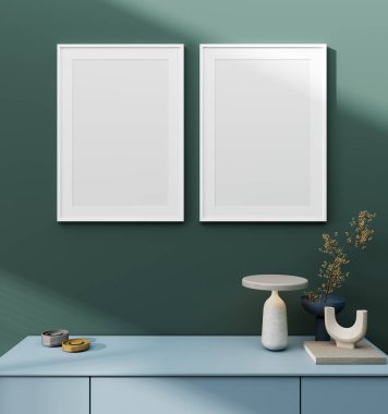Mock up frames with minimal decor close up in home interior background, 3d render
