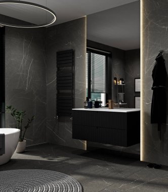 Modern gri banyo içi siyah mobilya, küvet ve lavabo aynalı, 3 boyutlu.