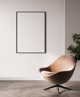 Modern oturma odasının arka planında boş poster çerçevesi. Model, beyaz duvarı ve modern minimalist koltuğu olan oturma odası. İskandinav tarzı, 3D görüntüleme