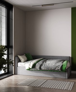 3D Mockup yeşil kreş içinde rahat bir yatak, bitki ve büyük pencere, çocuk odası, 3D